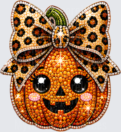 Halloween Bling Rhinestone Studded Cute Jack-O-Lantern with Leopard Print Bow and Pink Rosy Cheeks Diamond Art Style Pumpkin