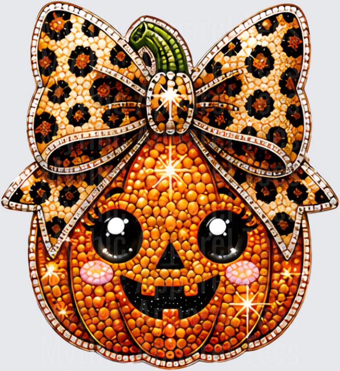 Halloween Bling Rhinestone Studded Cute Jack-O-Lantern with Leopard Print Bow and Pink Rosy Cheeks Diamond Art Style Pumpkin