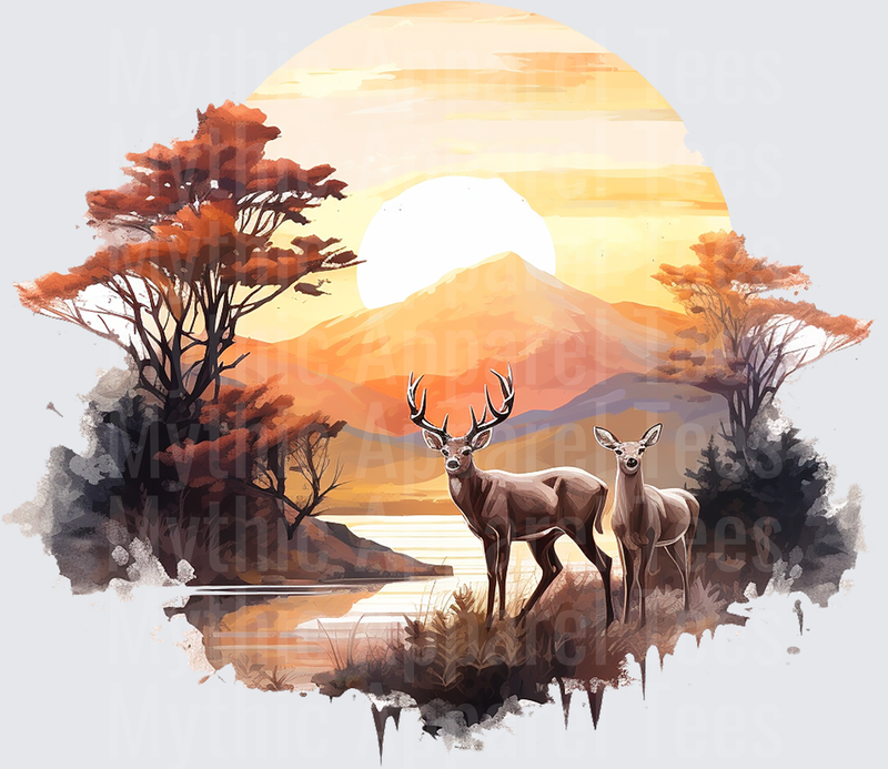 Whitetail Buck and Doe Watercolor Autumn Sunset Mountain Lake Wilderness Scene
