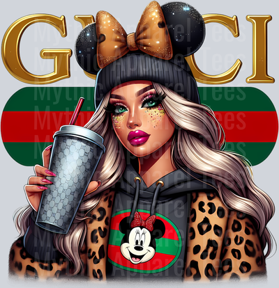 Disney Girl with Tumbler Cup Leopard Print Disney DTF Gucci Mickey Transfers