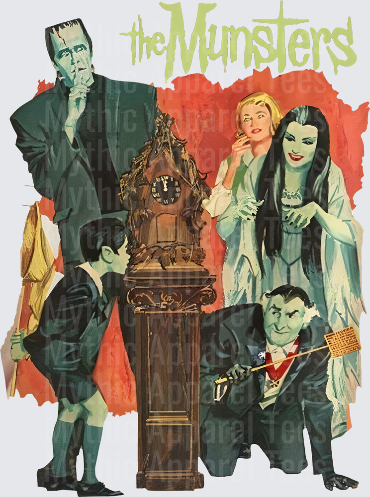 The Munsters Classic Family Portrait Vintage Illustration with Herman Lily Grandpa and Eddie around Grandfather Clock