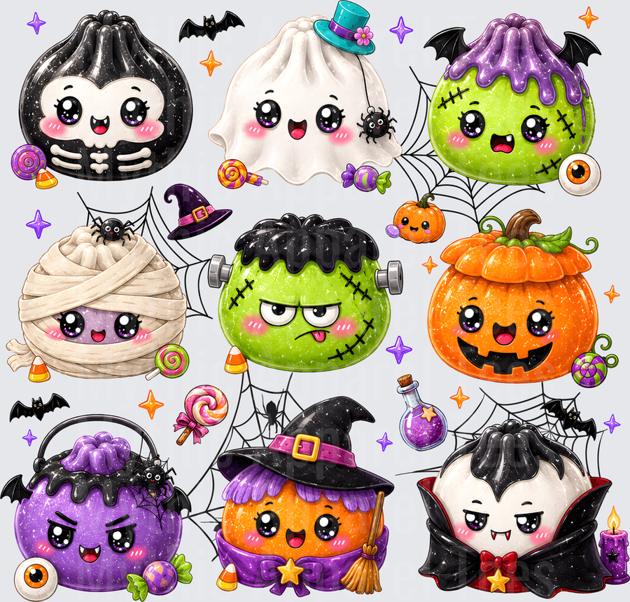 Dumplings Kawaii Halloween Character Collection Skeleton Ghost Frankenstein Mummy Witch Vampire Pumpkin Bundle