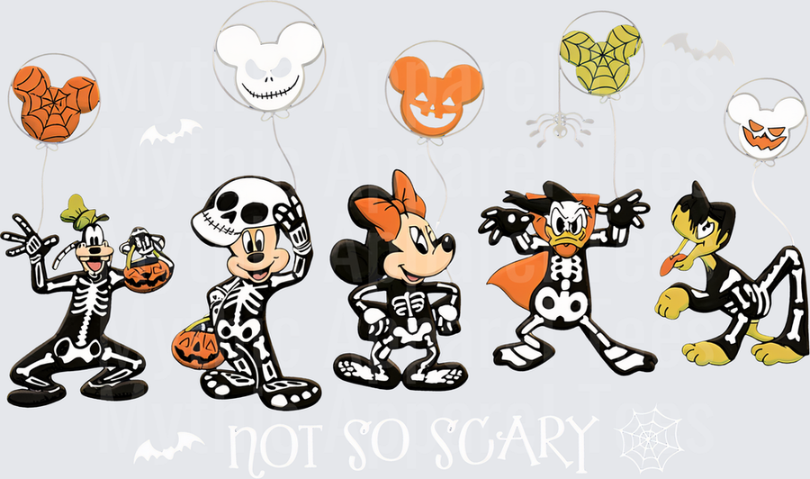 Mickey Mouse and Friends Halloween Skeleton Costumes with Mickey Head Balloons Goofy Minnie Donald Duck Group Not So Scary