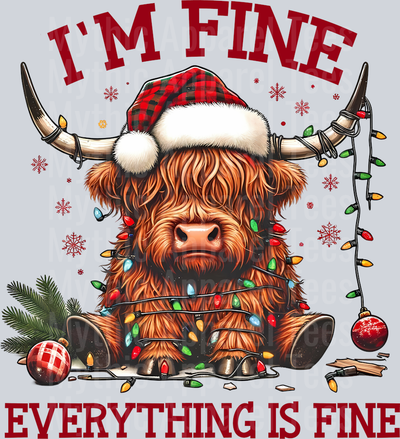 I'm Fine Everything Is Fine Red Words Highland Cow DTF Christmas Transfers