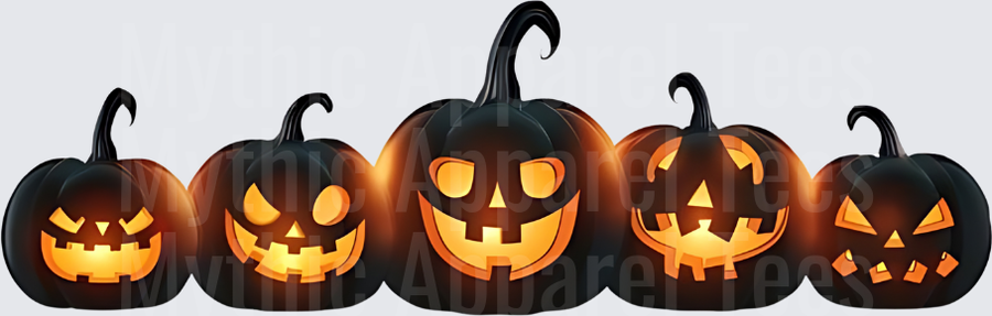 Row of Seven Glowing Jack-O-Lanterns with Carved Faces Halloween Pumpkin Lineup