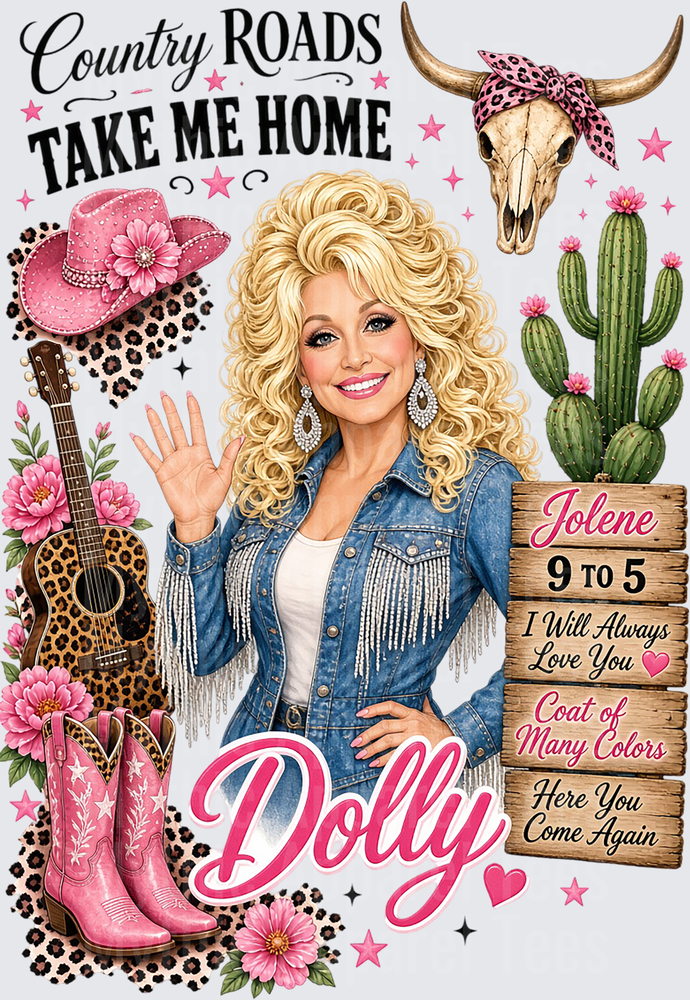 Dolly Parton Country Roads Take Me Home Pink Western Collage with Jolene 9 to 5 Song List Bull Skull Cactus Guitar and Cowboy Boots