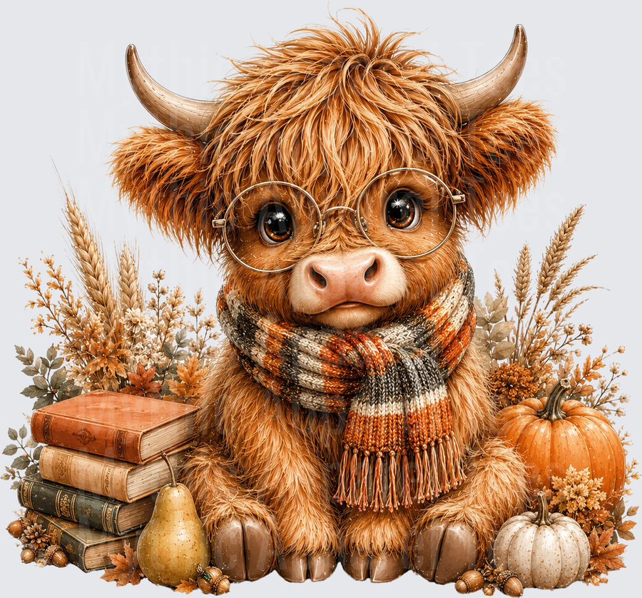 Cute Baby Highland Cow With Round Glasses and Cozy Knit Scarf Surrounded by Autumn Pumpkins Books and Fall Foliage