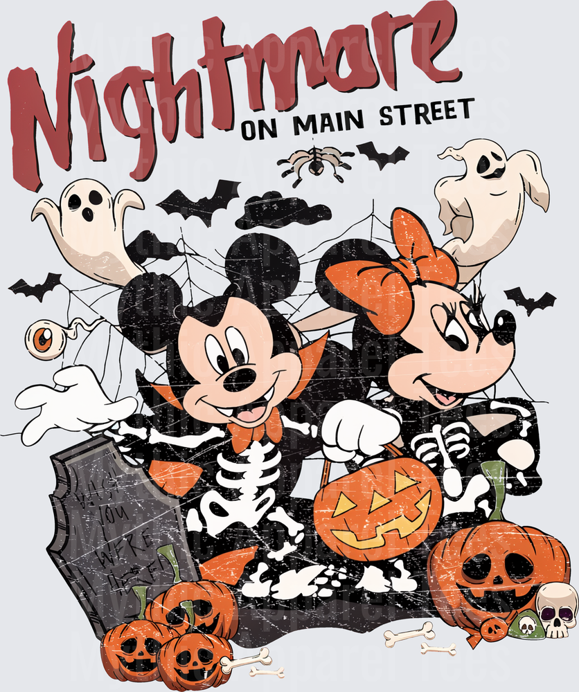 Nightmare On Main Street Mickey and Minnie Mouse Skeleton Halloween Vintage Distressed with Ghosts Bats Pumpkins and Tombstone