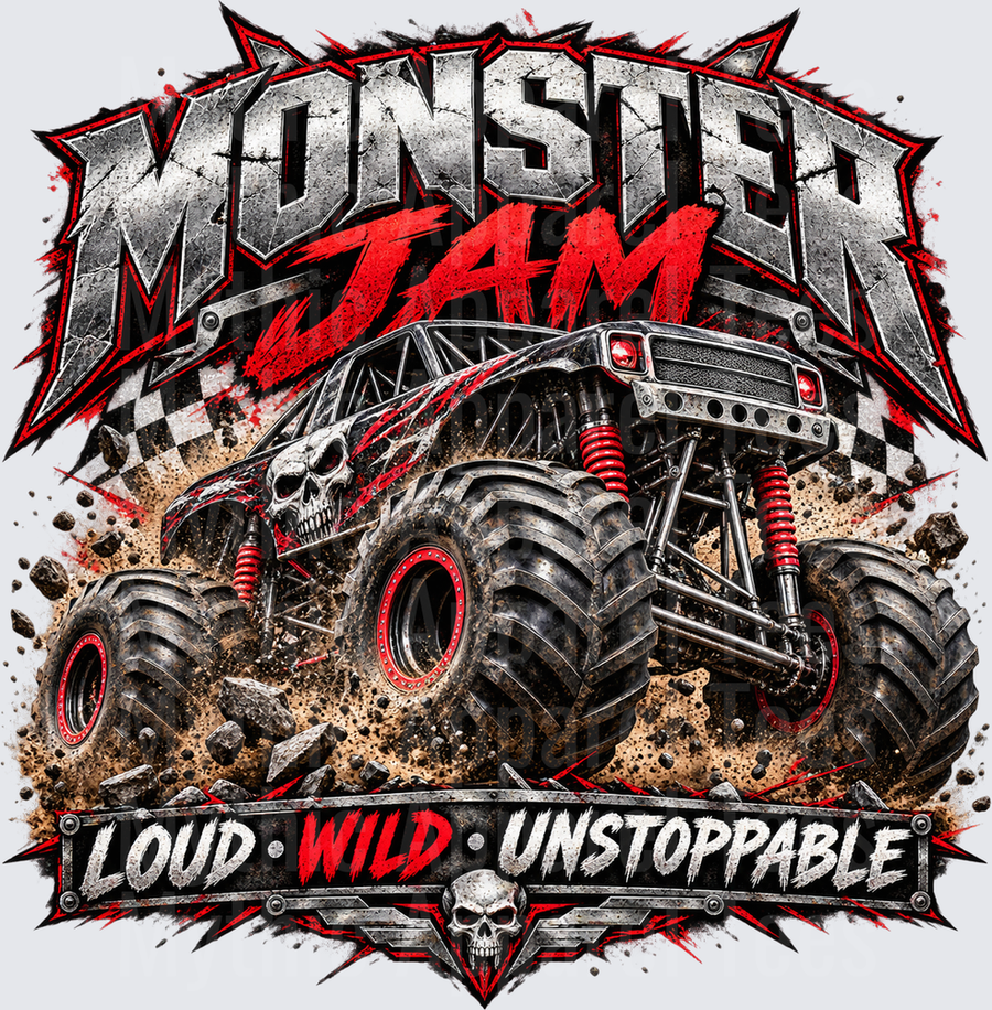 Monster Jam Skull Monster Truck Loud Wild Unstoppable Dirt Shredding Graphic with Red Chrome Details
