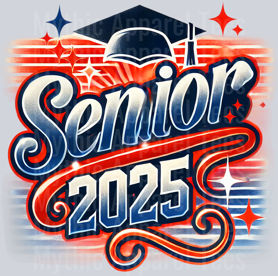 0012 Senior 2025 Airbrushed Red and Blue DTF 2025 Senior Graduation Transfers