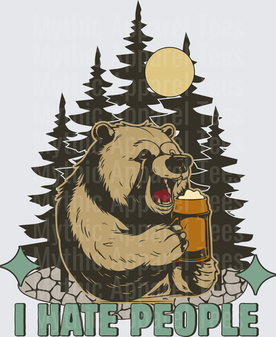 Grizzly Bear Holding Beer Mug in Forest with Sun and Pine Trees I Hate People Funny Antisocial Camping