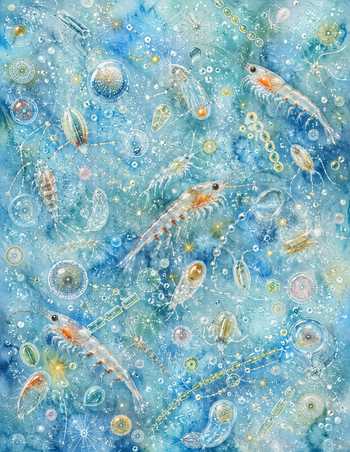 Ocean Animals Watercolor Krill Plankton Diatoms Blue Sea