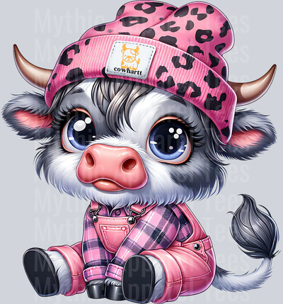 Grey and White Overalls DTF CowHartt Highland Cow Transfers