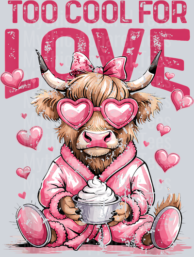 236 Highland Cow Heart Cake Bow Too Cool For Love Valentines Day T-Shirt