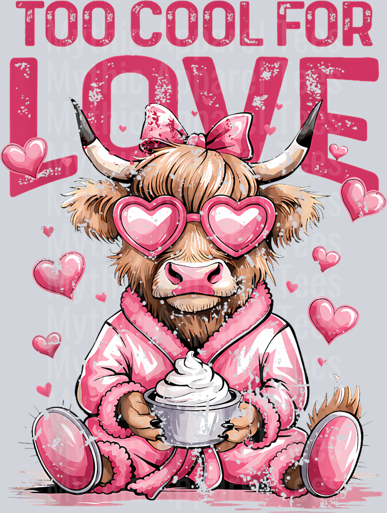 236 Highland Cow Heart Cake Bow Too Cool For Love Valentines Day T-Shirt