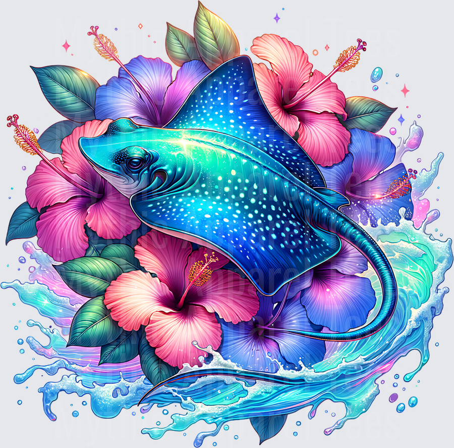 Ocean Animals Glowing Blue Spotted Stingray Tropical Hibiscus Splash