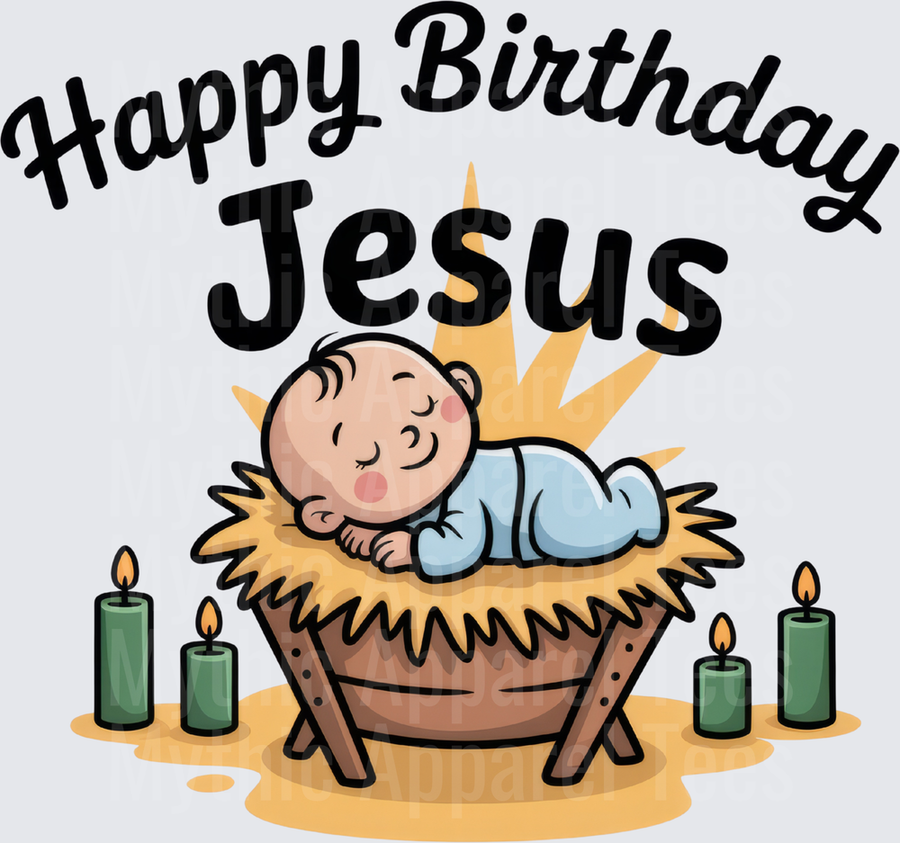 Happy Birthday Jesus Baby in Manger with Candles Christmas Christian Faith