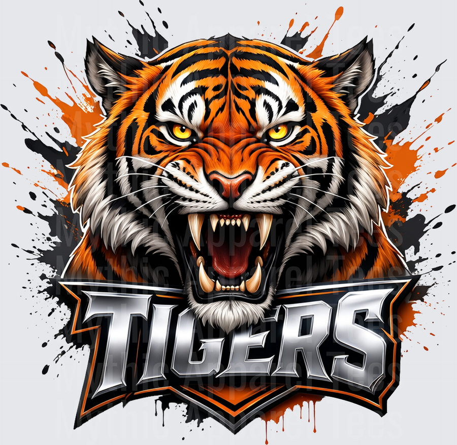 Fierce Roaring Tiger Head Mascot with Orange and Black Ink Splatter Tigers Team Logo
