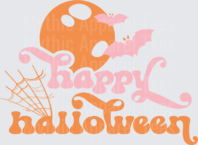 Happy Halloween Retro Groovy Typography with Bats Spider Web and Full Moon in Pink and Orange