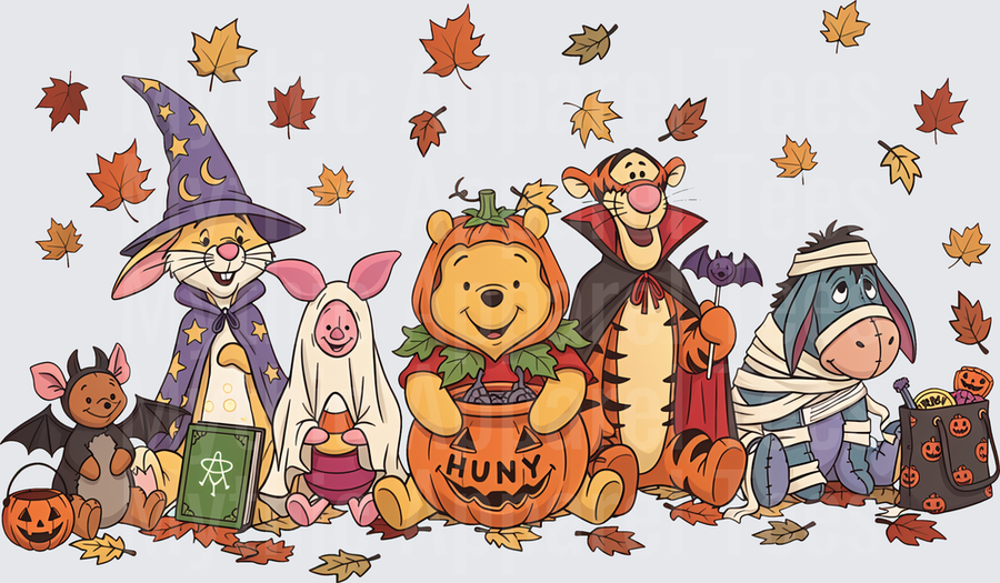 Winnie the Pooh and Friends Halloween Trick or Treat Costume Group with Autumn Falling Leaves
