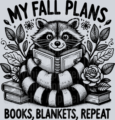 MY FALL PLANS BOOK BLANKET REPEAT RACOON BLACK DESIGN