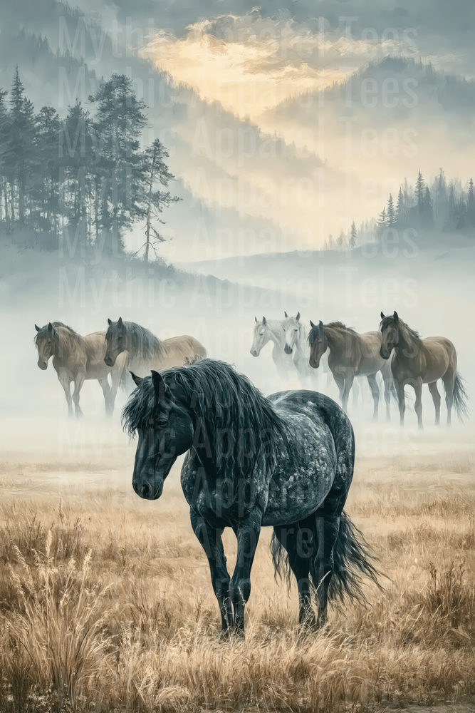 Majestic Black Stallion Leading Wild Herd Through Misty Mountain Meadow at Dawn