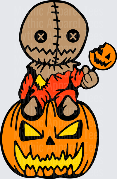 Sam Trick 'r Treat Sitting Inside Jack-o-Lantern Holding Pumpkin Lollipop