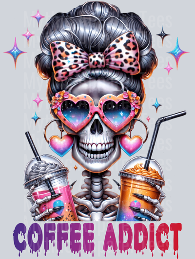 Coffee addict skelly girl design Skelly Girl DTF Skull Transfers