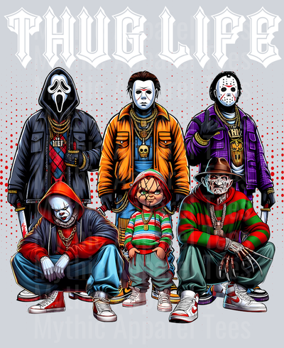 White Pointy Letters SCREAM THUG LIFE Freddy Krueger Jason Vorhees Michael Myers Pennywise Frankenstein Gangster Pose Horror Movie DTF Thug Life Transfers