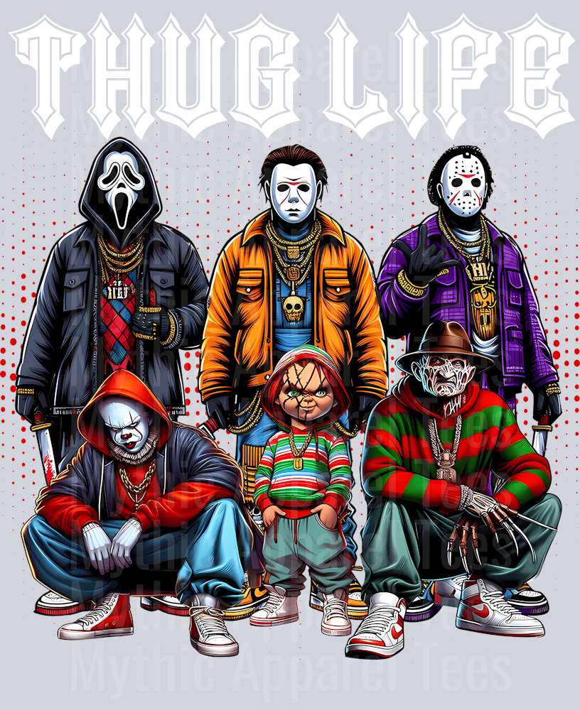 White Pointy Letters SCREAM THUG LIFE Freddy Krueger Jason Vorhees Michael Myers Pennywise Frankenstein Gangster Pose Horror Movie DTF Thug Life Transfers