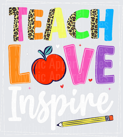 Teach Love Inspire Colorful Leopard Print Letters with Red Apple and Pencil Teacher Design