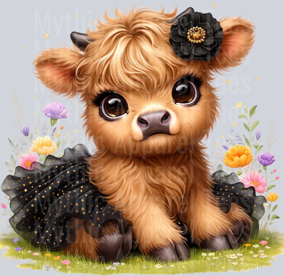 Cute Highland Cow Baby Tutu Flowers Black DTF Precious Highland Cow Transfers