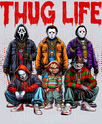 Red Drippy Letters SCREAM THUG LIFE Freddy Krueger Jason Vorhees Michael Myers Pennywise Frankenstein Gangster Pose Horror Movie DTF Thug Life Transfers