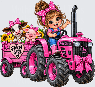 Tractor Cute Farm Girl Driving Pink John Deere Tractor with Cow Pig and Chick Farm Girl Wagon