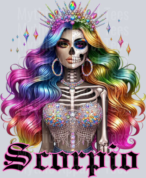 Scorpio Glam Skull Girl Horoscope DTF Zodiac Sign Transfers