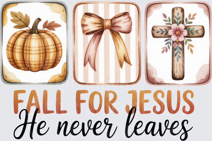 Fall For Jesus He Never Leaves Autumn Plaid Pumpkin Floral Cross Coquette Bow Three Panel Faith Design