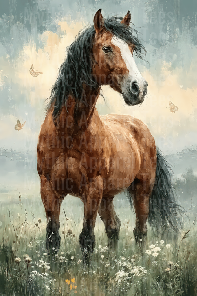 Majestic Bay Horse with Black Mane Standing in Wildflower Meadow with Butterflies Oil Painting Style