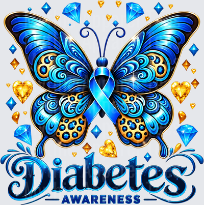 Diabetes Awareness Blue Butterfly with Ribbon and Gold Gem Hearts