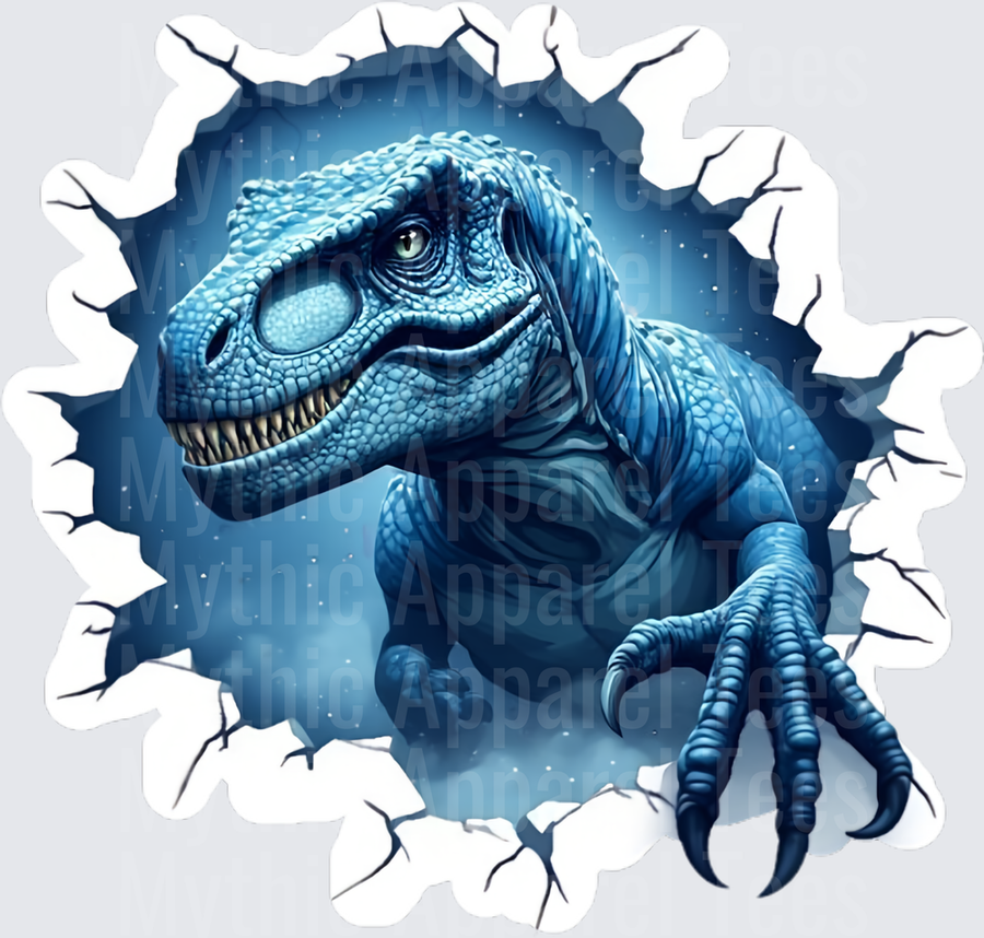 Blue Raptor Dinosaur Bursting Through Cracked Wall 3D Breakout Effect