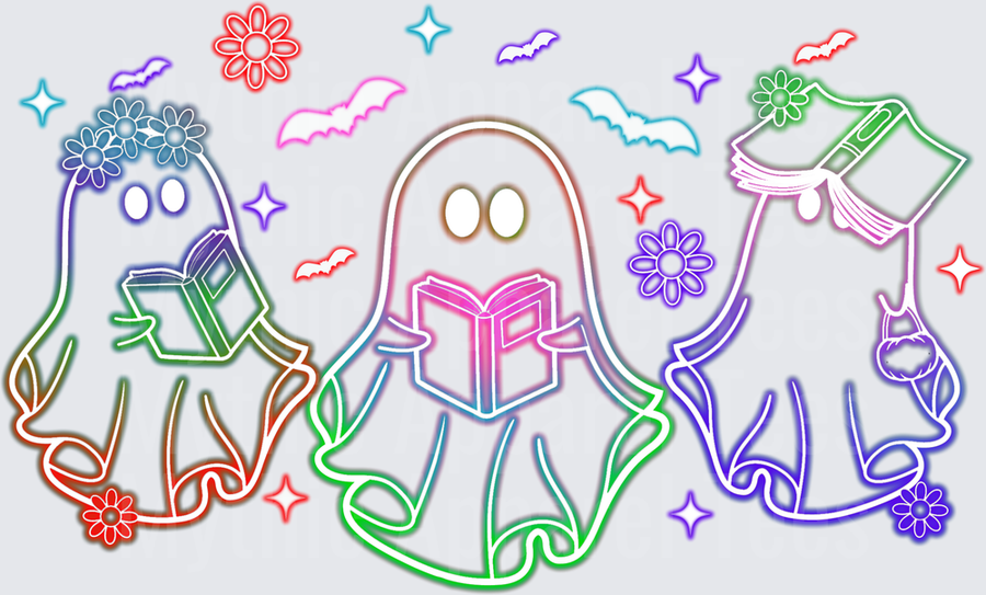 Halloween Neon Rainbow Ghost Trio Reading Books Bats Flowers