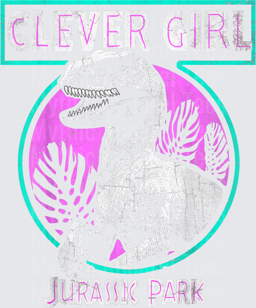 Jurassic Park Clever Girl Velociraptor Pink and Teal Tropical Leaf Circle Logo