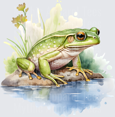 Watercolor Green Tree Frog Sitting on Rock by Pond with Wildflowers
