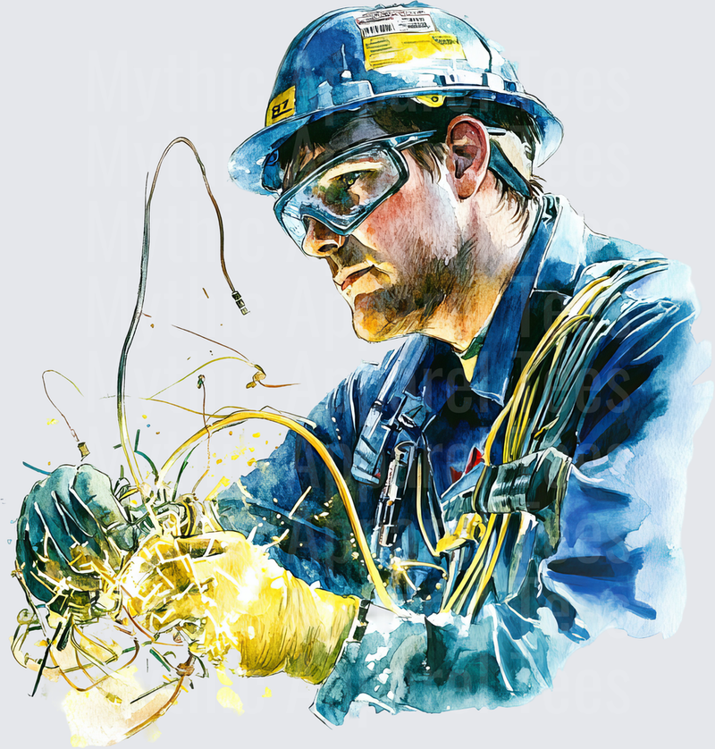Watercolor Electrician Worker in Blue Hard Hat and Safety Goggles Working with Wires and Sparks