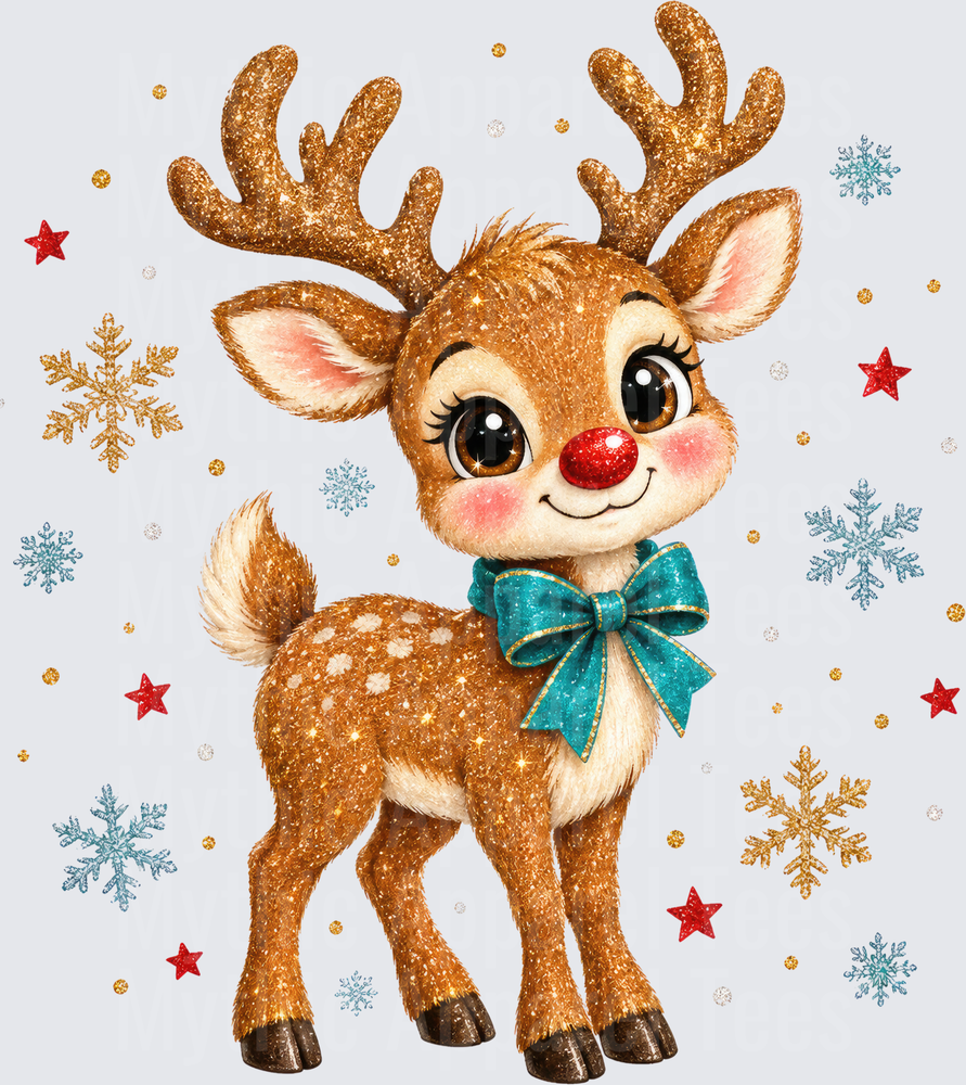 Cute Glitter Rudolph Red-Nosed Reindeer with Teal Bow Surrounded by Snowflakes and Stars
