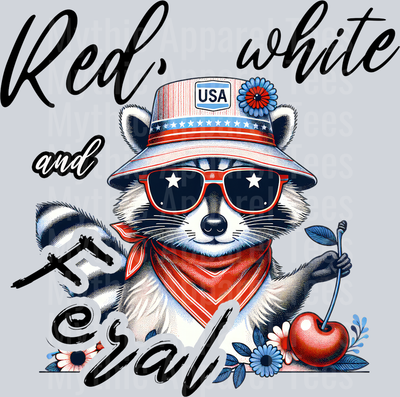 Red white and feral Racoon with cherry DTF Patriotic Transfers