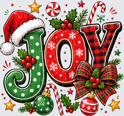 JOY Christmas Holiday Letters with Santa Hat Holly Candy Cane Ornaments Buffalo Plaid and Polka Dot Festive Design