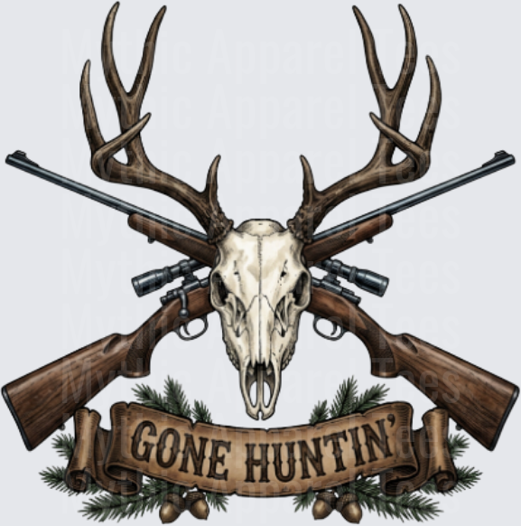 Gone Huntin' Buck Skull Crossed Rifles Banner Design