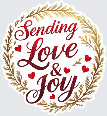 Christmas Sending Love & Joy Gold Wreath Red Hearts