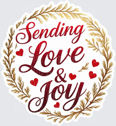 Christmas Sending Love & Joy Gold Wreath Red Hearts