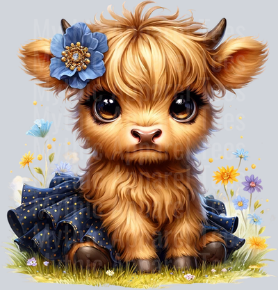 Cute Highland Cow Baby Black Dark Blue and Yellow Flowers DTF Precious Highland Cow Transfers